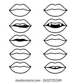 Coleção de ilustrações de lábios desenhados à mão. Conjunto de lábios femininos, desenhos elegantes em preto e branco, contornos labiais em várias formas e estilos. 