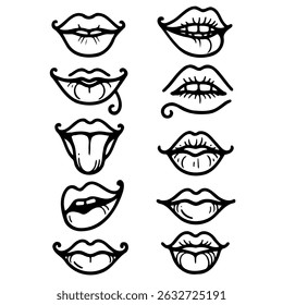 Collection of hand-drawn lips illustrations. Set of female lips, stylish lip black and white designs, lip outlines in various shapes and styles. 