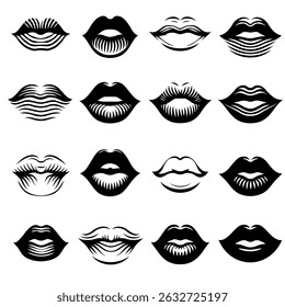 Coleção de ilustrações de lábios desenhados à mão. Conjunto de lábios femininos, desenhos elegantes em preto e branco, contornos labiais em várias formas e estilos. 
