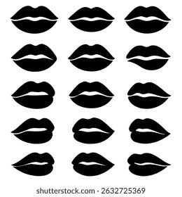 Collection of hand-drawn lips illustrations. Set of female lips, stylish lip black and white designs, lip outlines in various shapes and styles. 