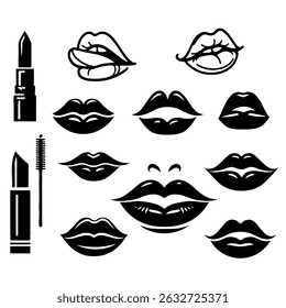 Coleção de ilustrações de lábios desenhados à mão. Conjunto de lábios femininos, desenhos elegantes em preto e branco, contornos labiais em várias formas e estilos. 