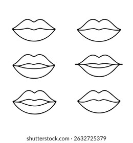 Colección de ilustraciones de labios dibujados a mano. Conjunto de labios femeninos, diseños elegantes de labios en blanco y negro, contornos de labios en varias Formas y estilos. 