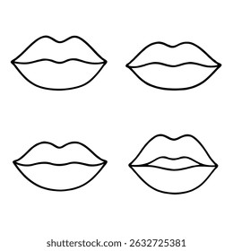 Coleção de ilustrações de lábios desenhados à mão. Conjunto de lábios femininos, desenhos elegantes em preto e branco, contornos labiais em várias formas e estilos. 