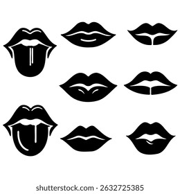 Sammlung handgezeichneter Lippenillustrationen. Satz von weiblichen Lippen, stylische Lippe schwarz-weiß Designs, Lippenkonturen in verschiedenen Formen und Stilen. 