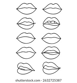 Colección de ilustraciones de labios dibujados a mano. Conjunto de labios femeninos, diseños elegantes de labios en blanco y negro, contornos de labios en varias Formas y estilos. 