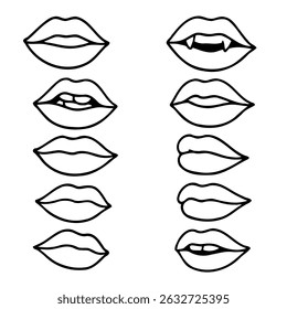 Collection of hand-drawn lips illustrations. Set of female lips, stylish lip black and white designs, lip outlines in various shapes and styles. 