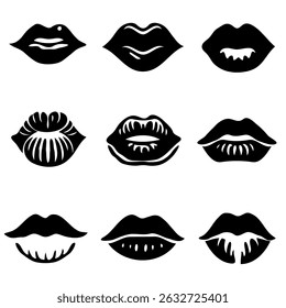 Collection of hand-drawn lips illustrations. Set of female lips, stylish lip black and white designs, lip outlines in various shapes and styles. 
