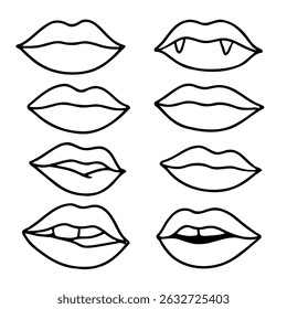 Collection of hand-drawn lips illustrations. Set of female lips, stylish lip black and white designs, lip outlines in various shapes and styles. 