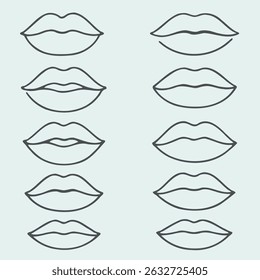 Collection of hand-drawn lips illustrations. Set of female lips, stylish lip black and white designs, lip outlines in various shapes and styles. 