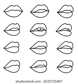 Collection of hand-drawn lips illustrations. Set of female lips, stylish lip black and white designs, lip outlines in various shapes and styles. 