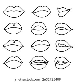 Collection of hand-drawn lips illustrations. Set of female lips, stylish lip black and white designs, lip outlines in various shapes and styles. 