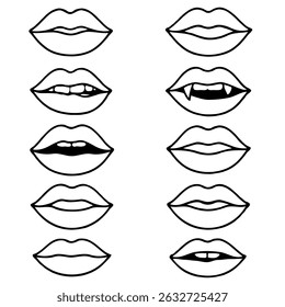 Collection of hand-drawn lips illustrations. Set of female lips, stylish lip black and white designs, lip outlines in various shapes and styles. 