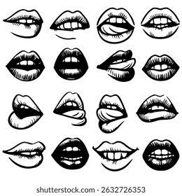 Colección de ilustraciones de labios dibujados a mano. Conjunto de labios femeninos, diseños elegantes de labios en blanco y negro, contornos de labios en varias Formas y estilos.