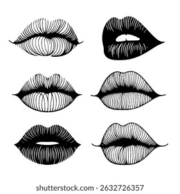 Coleção de ilustrações de lábios desenhados à mão. Conjunto de lábios femininos, desenhos elegantes em preto e branco, contornos labiais em várias formas e estilos.