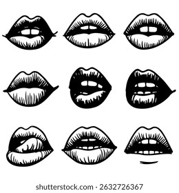 Coleção de ilustrações de lábios desenhados à mão. Conjunto de lábios femininos, desenhos elegantes em preto e branco, contornos labiais em várias formas e estilos.