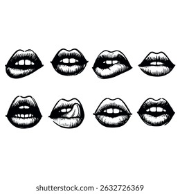 Colección de ilustraciones de labios dibujados a mano. Conjunto de labios femeninos, diseños elegantes de labios en blanco y negro, contornos de labios en varias Formas y estilos.