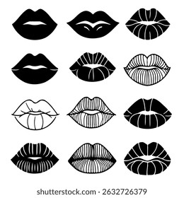 Collection of hand-drawn lips illustrations. Set of female lips, stylish lip black and white designs, lip outlines in various shapes and styles.