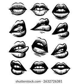 Collection of hand-drawn lips illustrations. Set of female lips, stylish lip black and white designs, lip outlines in various shapes and styles.