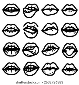 Colección de ilustraciones de labios dibujados a mano. Conjunto de labios femeninos, diseños elegantes de labios en blanco y negro, contornos de labios en varias Formas y estilos.