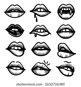 Sammlung handgezeichneter Lippenillustrationen. Satz von weiblichen Lippen, stylische Lippe schwarz-weiß Designs, Lippenkonturen in verschiedenen Formen und Stilen.