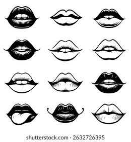 Collection of hand-drawn lips illustrations. Set of female lips, stylish lip black and white designs, lip outlines in various shapes and styles.