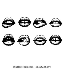 Sammlung handgezeichneter Lippenillustrationen. Satz von weiblichen Lippen, stylische Lippe schwarz-weiß Designs, Lippenkonturen in verschiedenen Formen und Stilen.