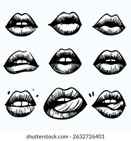 Sammlung handgezeichneter Lippenillustrationen. Satz von weiblichen Lippen, stylische Lippe schwarz-weiß Designs, Lippenkonturen in verschiedenen Formen und Stilen.