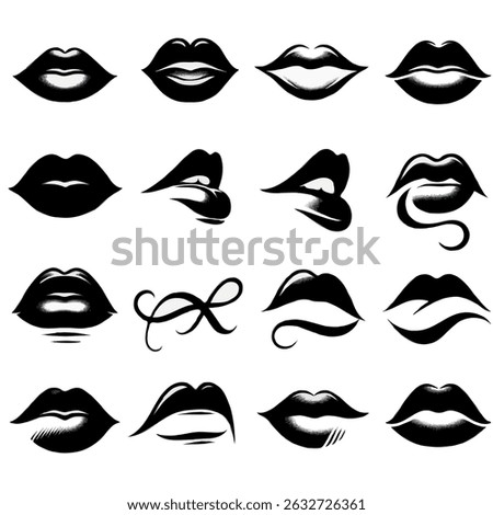 Collection of hand-drawn lips illustrations. Set of female lips, stylish lip black and white designs, lip outlines in various shapes and styles.