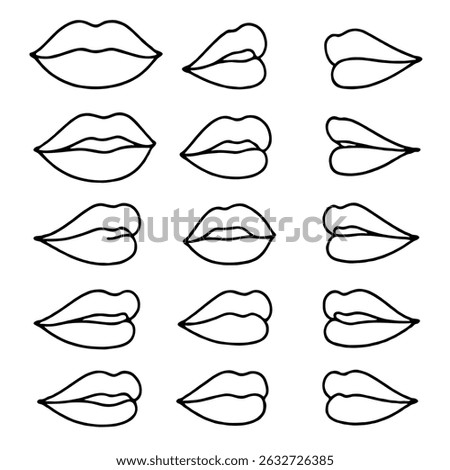 Collection of hand-drawn lips illustrations. Set of female lips, stylish lip black and white designs, lip outlines in various shapes and styles.