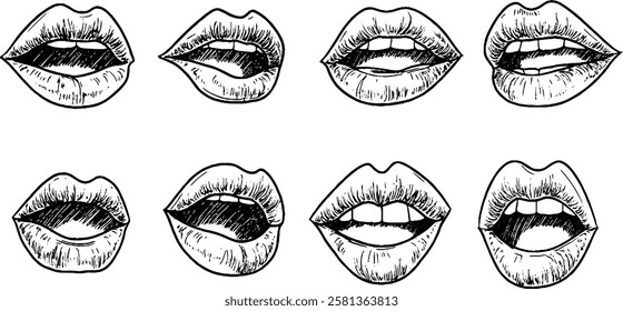 A collection of hand-drawn lips in various positions, showcasing different expressions and movements. The illustrations are in black and white, emphasizing the contours and textures of the lips.