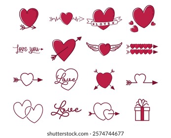 Collection of hand-drawn love symbols, including hearts, arrows, and romantic icons, perfect for Valentine's Day cards, wedding invitations, and love-themed designs. A versatile graphic resource set.