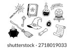 A collection of hand-drawn magical and witchy items including a sparkling wand, spellbook, potion, crystal ball, witch hat, cauldron, broom, key, charm, and scrolls, all in a doodle style.