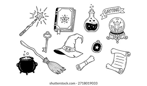 Una colección de artículos mágicos y brujos dibujados a mano que incluyen una varita brillante, libro de hechizos, poción, bola de cristal, sombrero de bruja, caldero, escoba, llave, encanto y pergaminos, todo en un estilo doodle.