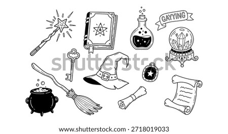 A collection of hand-drawn magical and witchy items including a sparkling wand, spellbook, potion, crystal ball, witch hat, cauldron, broom, key, charm, and scrolls, all in a doodle style.
