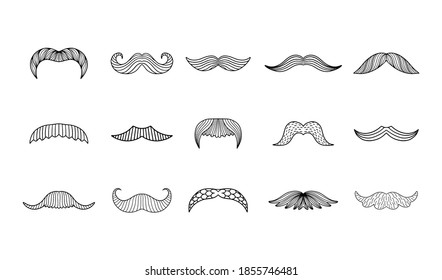 Collection with hand-drawn male mustache isolated on white background. Can be used to create a barbershop logo, father's day greeting card, and etc