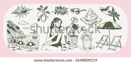 Collection of hand-drawn Mediterranean vacation elements: lemon, olive, beach, umbrella, chair, sunhat, cocktail, watermelon, sunglasses, key, shell, sea, boat, cliff, girl in swimsuit, summer set