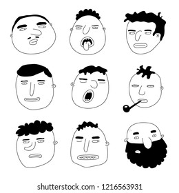 Collection of hand-drawn men heads with different emotions. Vector illustration with doodle style.