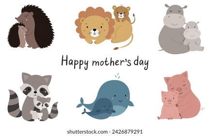 A collection of hand-drawn moms with kids. Cute animals hug their children. Vector illustration in a flat style