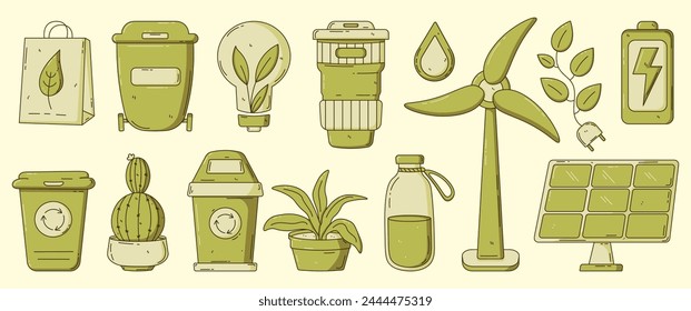 A collection of hand-drawn, monochrome icons representing sustainability and environmentally friendly practices. Set includes symbols for recycling, renewable energy, and eco-conscious living.