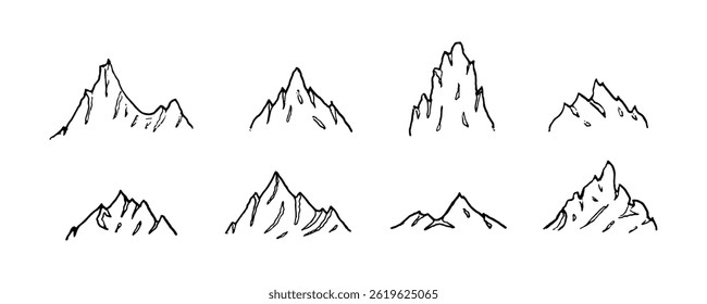 Una colección de ilustraciones montañosas dibujadas a mano, cada una con picos y líneas naturales distintos, ideales para diseños de viajes o temática natural