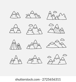Collection of hand-drawn mountain range illustrations with clouds and snowy peaks