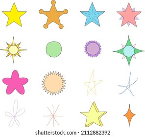 Collection of hand-drawn multicolor vector line art illustrations of stars, cartoon, doodle, and graphic style