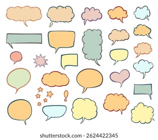 coleção de bolhas de fala e pensamento multicoloridas desenhadas à mão, de várias formas e tamanhos, incluindo ovais, retângulos, nuvens e estrelas