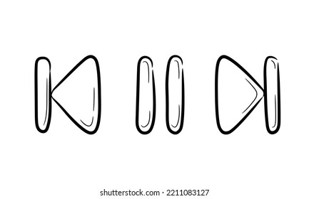 A collection of hand-drawn music and video rewind and stop icon sets. Start play and pause button in doodle sketch style. A simple doodle drawing scheme. Vector illustration.