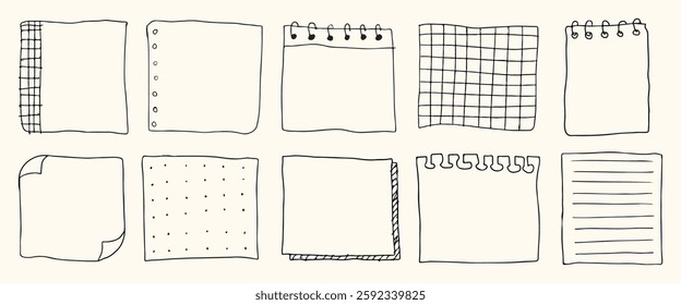 Collection of hand-drawn notebook pages. Various notebook styles: lined, grid, plain. Sketchy notebook pages for creative designs. Notebook variety for notes. Hand drawn illustrations, vector set.