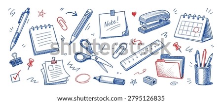 A collection of hand-drawn office and school supplies, including pens, pencils, scissors, stapler, and calendar, presented in a sketch style