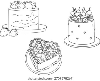 A collection of hand-drawn outline cake illustrations with  a strawberry cake, a cherry-topped cake, and a slice of fruit cake. Perfect for coloring pages, bakery branding, dessert designs