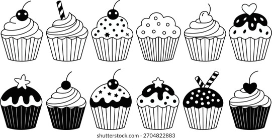 Eine Sammlung von handgezeichneten, umrissenen Illustrationen von verschiedenen Cupcakes mit verschiedenen Frosting-Stilen und Belägen, präsentiert in einem sauberen, einfachen Design.