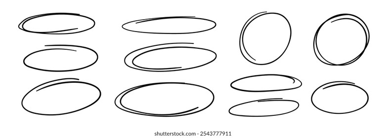 A collection of hand-drawn oval shapes with varying sizes and styles, featuring both solid and open outlines. Ideal for design elements, backgrounds, or artistic projects.