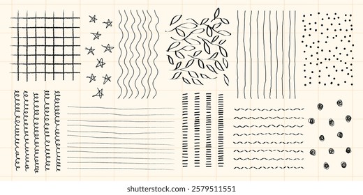 Collection of hand-drawn patterns featuring lines, stars, leaves, and dots. Patterns include wavy lines, grid lines, and scattered dots. Simple and artistic designs. Doodle isolated vector set.